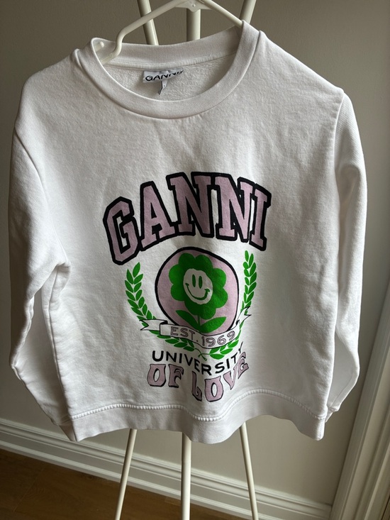 Ganni Tops - Ganni White Sweatshirt with Pink Logo and Green Graphic